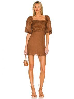 FAITHFULL THE BRAND Venezia Brown 100% Linen Puff Sleeve Mini Dress, Size L